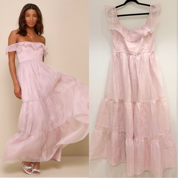 NWOT Lulus Enchanting Always‎ Blush Organza Off-the-Shoulder Maxi Dress - Picture 1 of 9